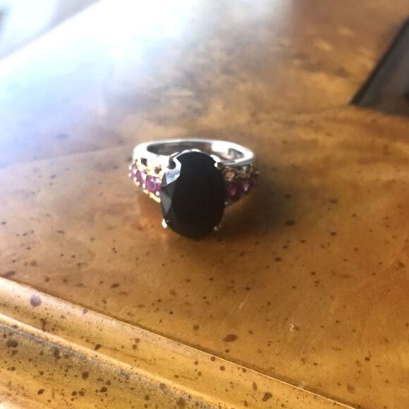 Natural Black Tourmaline Ruby Sterling Silver Ring Size 10 - Picture 6 of 6